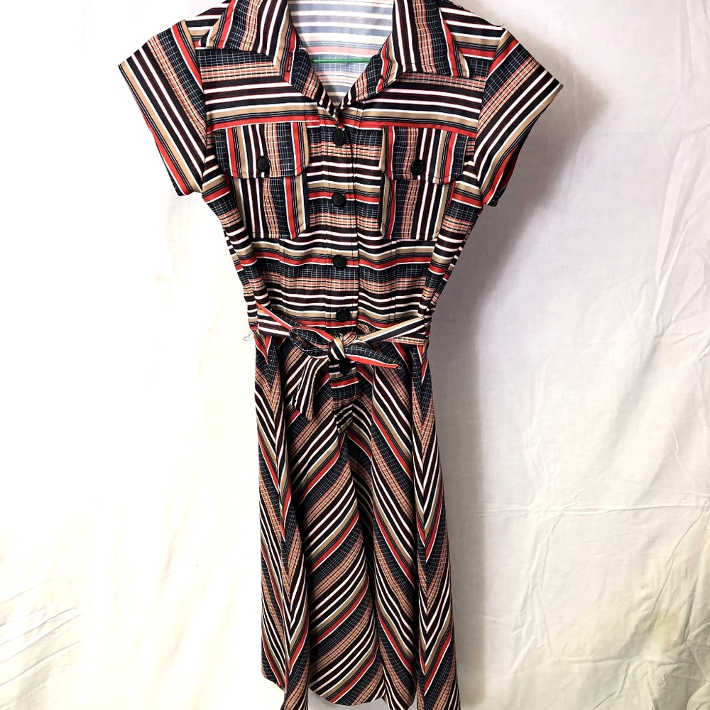 Vintage belted A-line striped dress